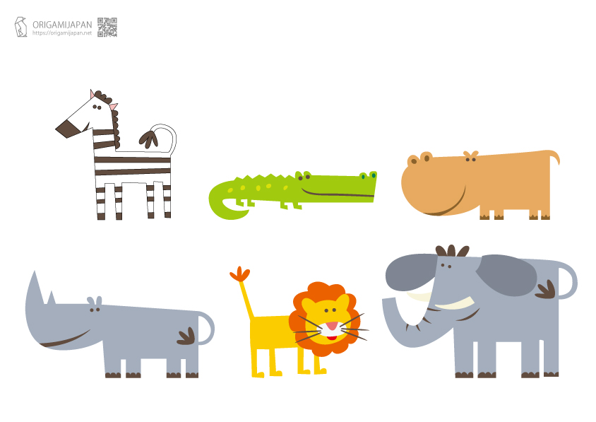 かわいい６種類の動物の切り絵 幼児 子供向け素材の 無料プリント 型紙 折り紙japan